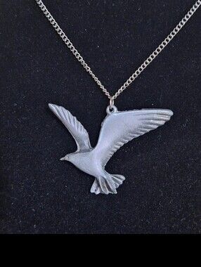 1980s Pewter Flying Seagull/Bird Pendant On Silver Tone Necklace.